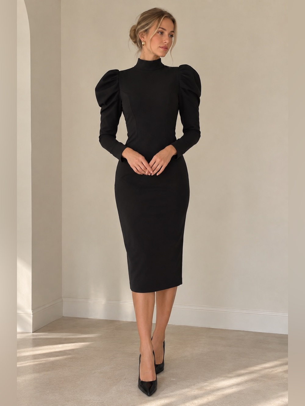 High-Neck Black Midi Dress with Statement Puff Sleeves